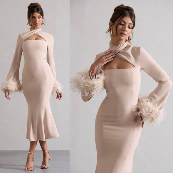 CLUB L London Monroe Champagne Cross Halter-Neck Midi Dress with Feather Cuffs - - Picture 2 of 10